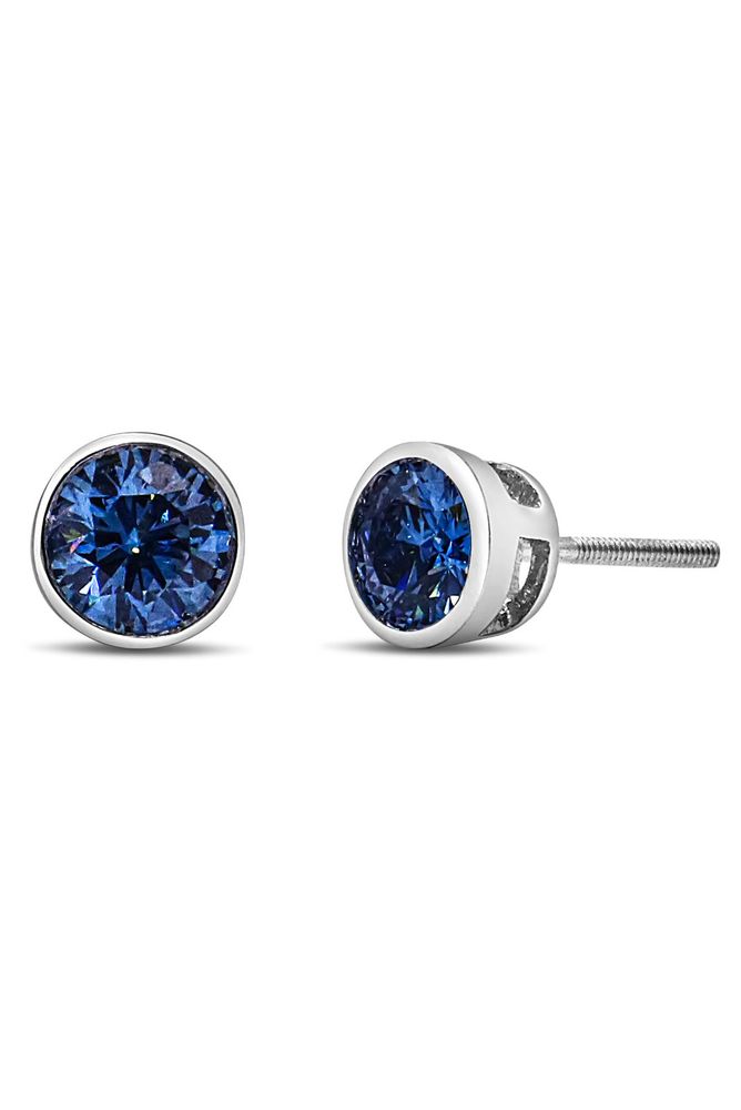 1.0 Cttw Blue Lab-Grown Diamond Screw-Back Classic Bezel Solitaire Earrings